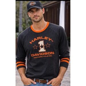 Harley-Davidson Mens XXL Long‎ Sleeve T-Shirt Black Orange Number 1 Star Graphic
